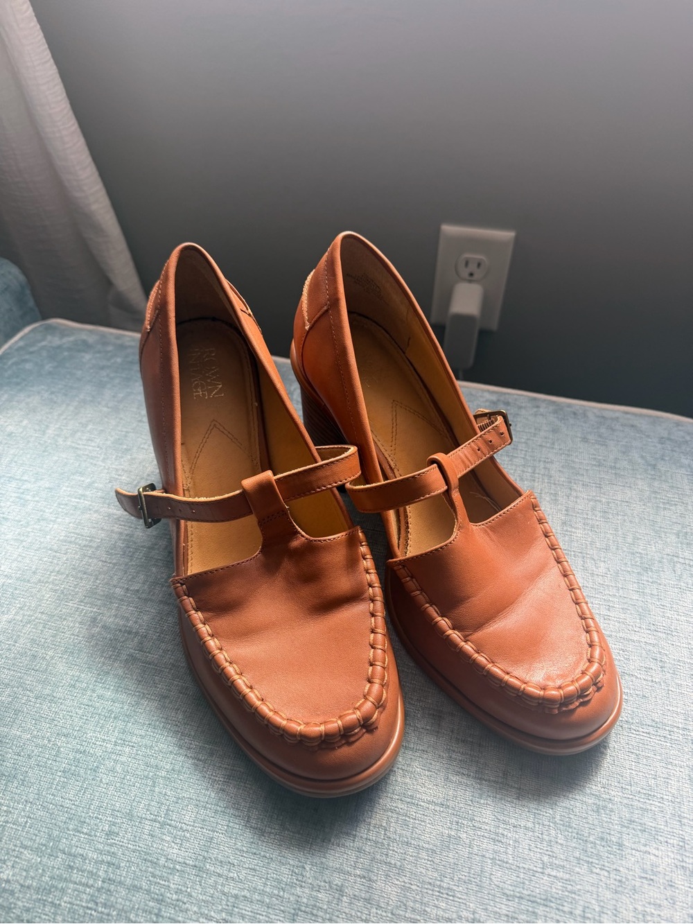 Crown Vintage Cognac Leather T-Strap Loafers